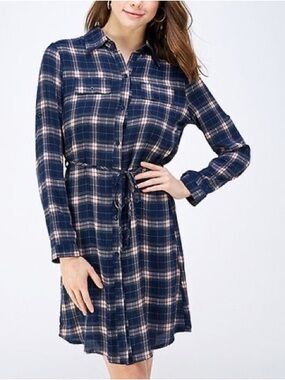 Button-Front Plaid Tie-Waist Long Sleeve Dress - Navy and Cream size L